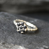 Onyx Ring - Black Flower Ring - Silver Bubble Band