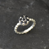 Onyx Ring - Black Flower Ring - Silver Bubble Band