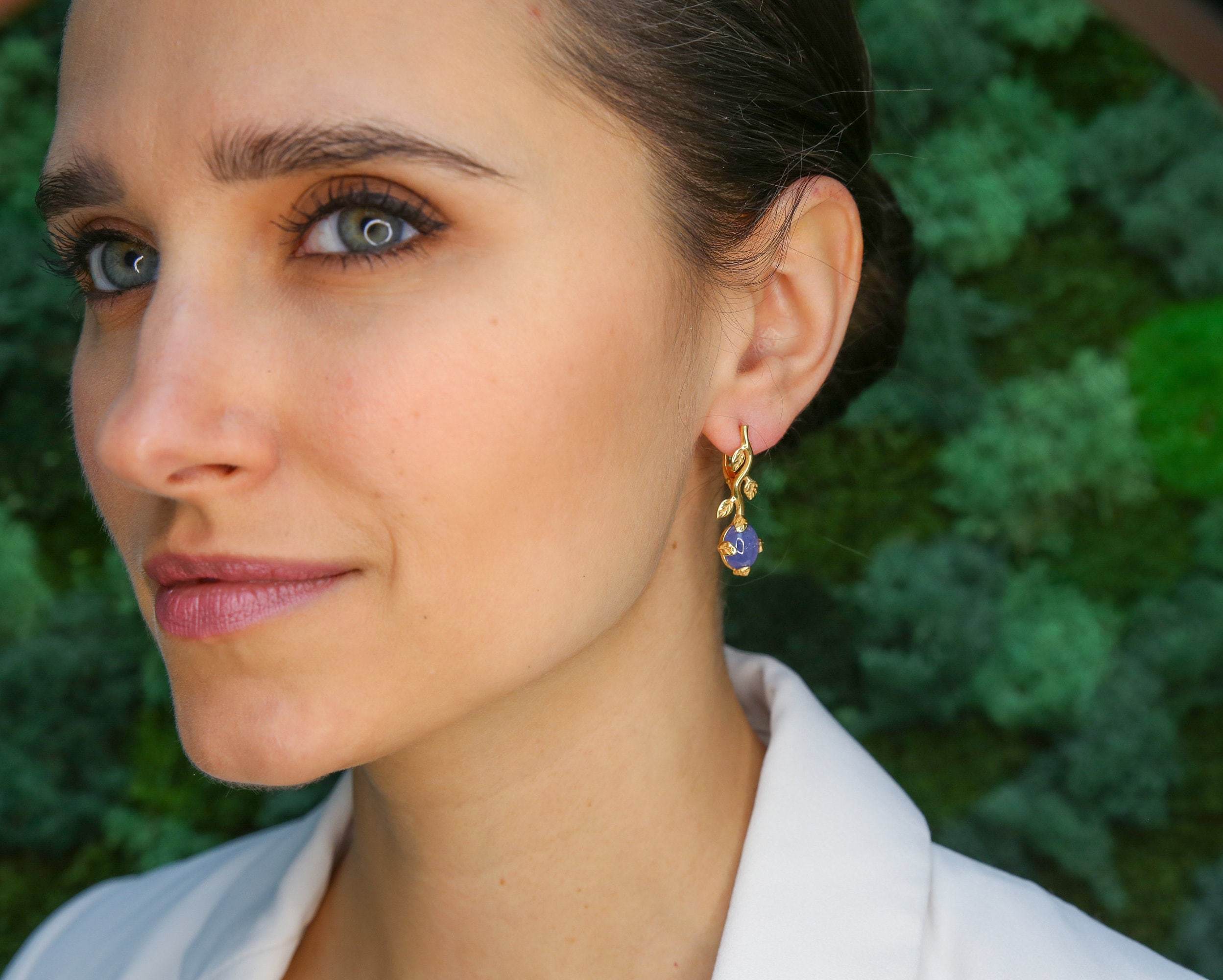 Gold Tanzanite Earrings, Natural Tanzanite, Leaf Earrings, Branch Earrings, Gold Plated Earrings, Long Earrings, Flower Earrings, Vermeil