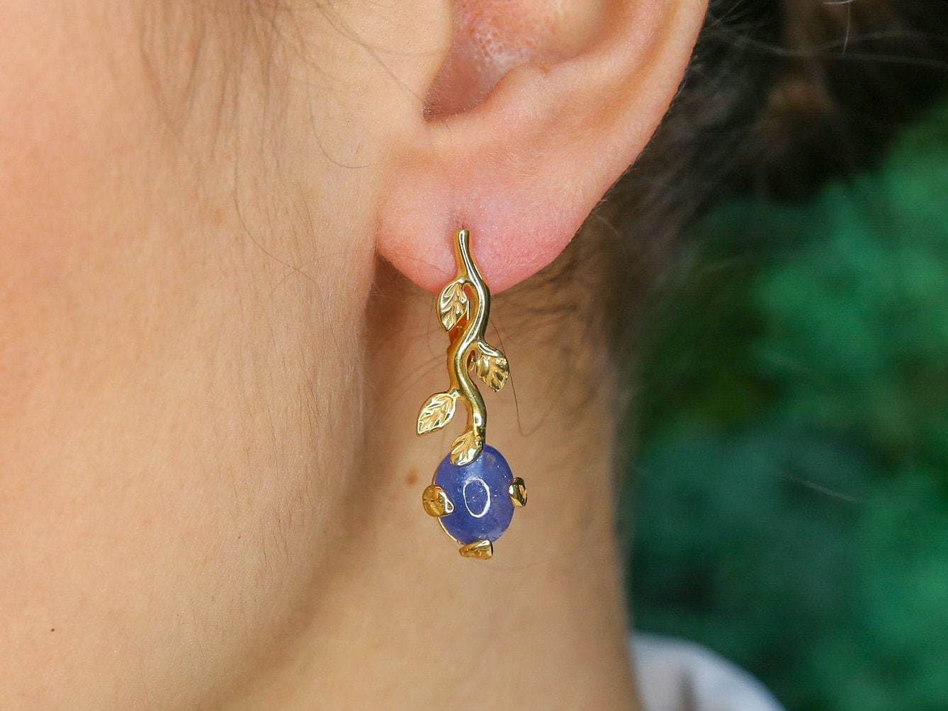 Gold Tanzanite Earrings, Natural Tanzanite, Leaf Earrings, Branch Earrings, Gold Plated Earrings, Long Earrings, Flower Earrings, Vermeil