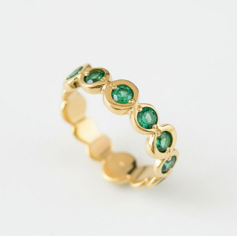 Created Emerald Ring made in 18k Gold Vermeil with Round Created Green Emerald in Flush setting, May Birthstone gift idea, symbolizes, ideal for everyday wear and perfect for birthday gifting and special occasions.
