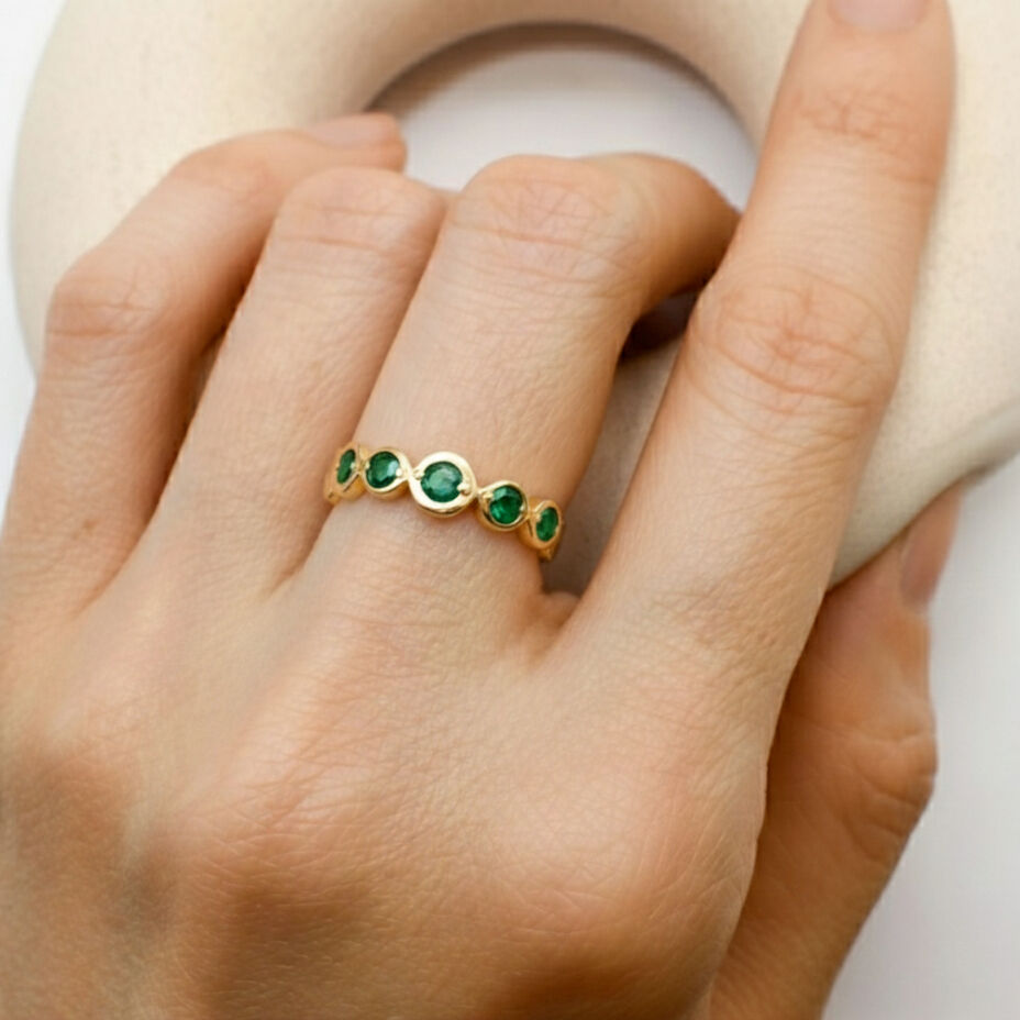 18k Gold Vermeil Emerald Ring with Round Created Green Emerald, perfect for May birthdays and everyday elegance.