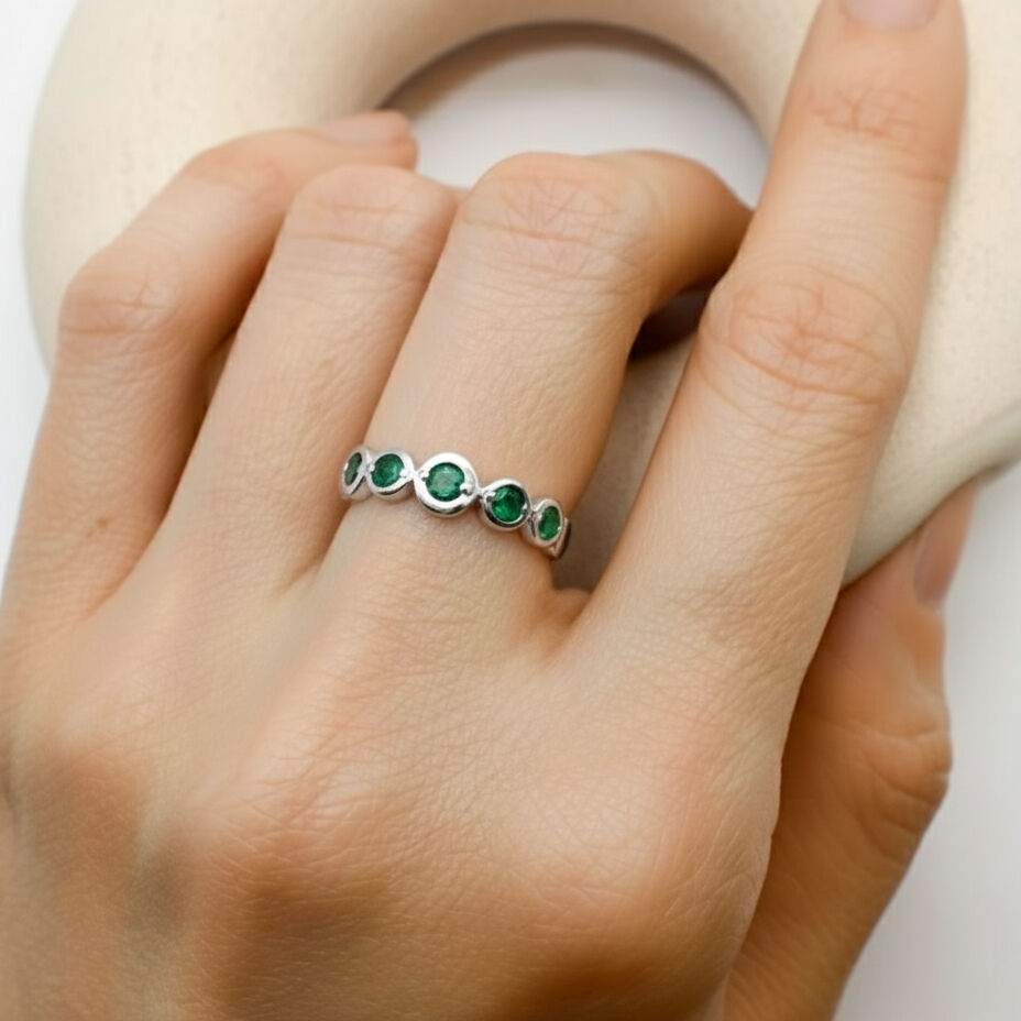 Stylish 925 Sterling Silver ring with a Round Created Green Emerald, ideal for daily wear and special May birthday gifts.