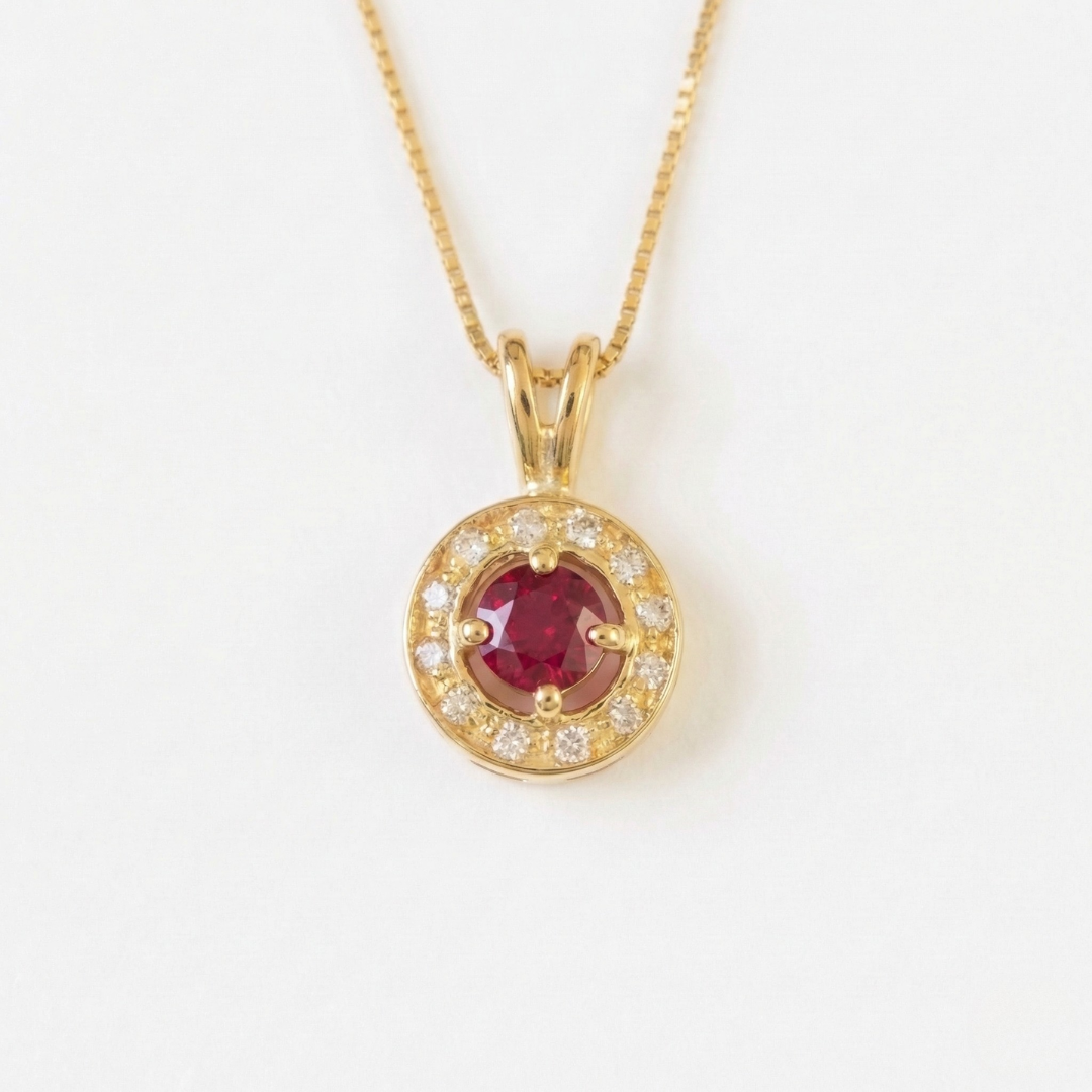 Created Ruby Pendant made in 18k Gold Vermeil with Round Created Red Ruby in Halo setting, July Birthstone gift idea, symbolizes nobility, purity, and passion, ideal for everyday wear and perfect for birthday gifting and special occasions.