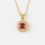 Created Ruby Pendant made in 18k Gold Vermeil with Round Created Red Ruby in Halo setting, July Birthstone gift idea, symbolizes nobility, purity, and passion, ideal for everyday wear and perfect for birthday gifting and special occasions.