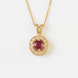 Created Ruby Pendant made in 18k Gold Vermeil with Round Created Red Ruby in Halo setting, July Birthstone gift idea, symbolizes nobility, purity, and passion, ideal for everyday wear and perfect for birthday gifting and special occasions.