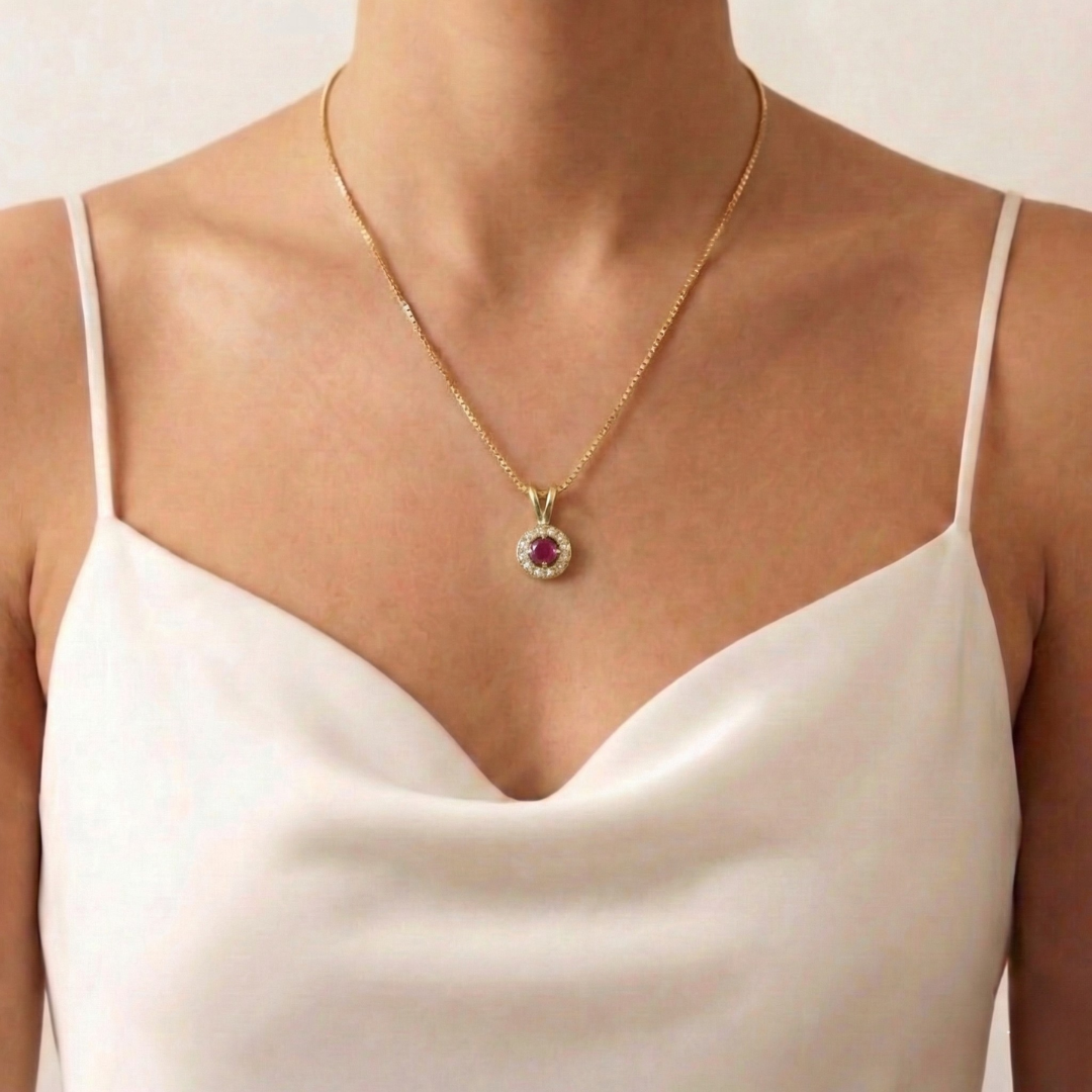 Elegant 18k Gold Vermeil Ruby Pendant featuring a Round Created Red Ruby, perfect for birthdays and special occasions.