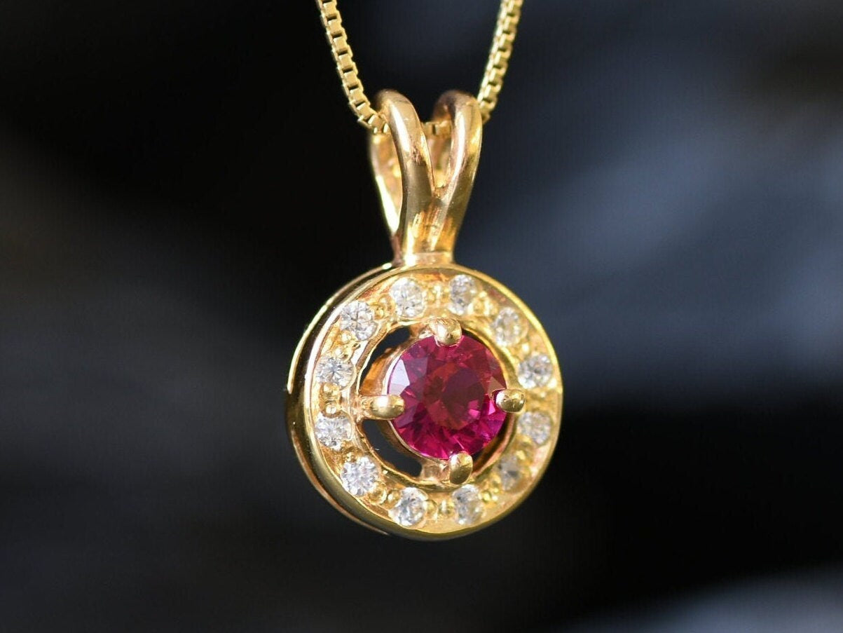 Created Ruby Pendant made in 18k Gold Vermeil with Round Created Red Ruby in Halo setting, July Birthstone gift idea, symbolizes nobility, purity, and passion, ideal for everyday wear and perfect for birthday gifting and special occasions.