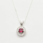 Created Ruby Pendant made in 925 Sterling Silver with Round Created Red Ruby in Halo setting, July Birthstone gift idea, symbolizes nobility, purity, and passion, ideal for everyday wear and perfect for birthday gifting and special occasions.