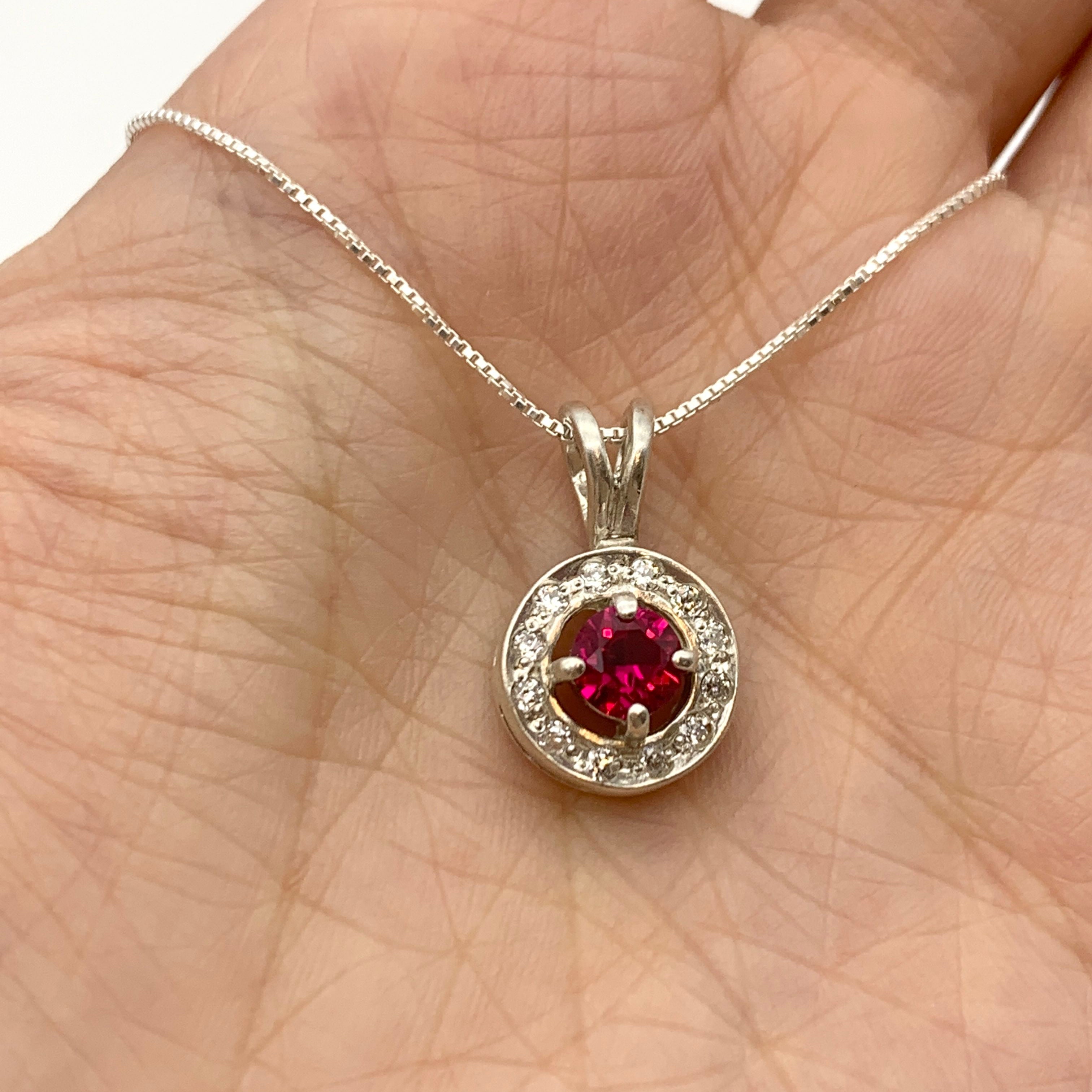 Elegant Ruby Pendant in 925 Sterling Silver with Red Ruby in Halo setting—perfect for July birthdays and special occasions.