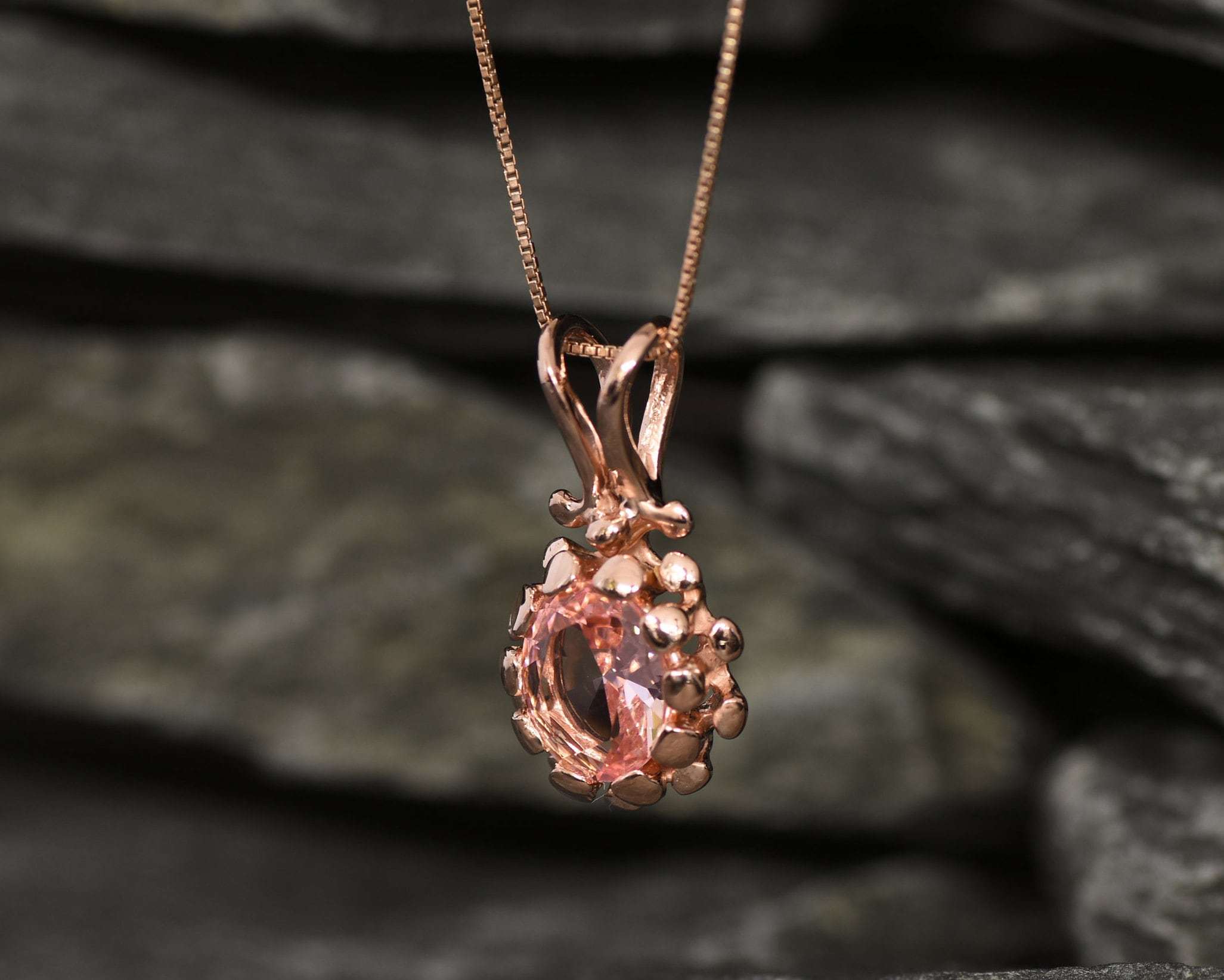 Rose Gold Morganite Pendant, Created Morganite, Pine Cone Pendant, Vintage Pendant, Pink Diamond Pendant, Rose Gold Pendant, Artisan Pendant
