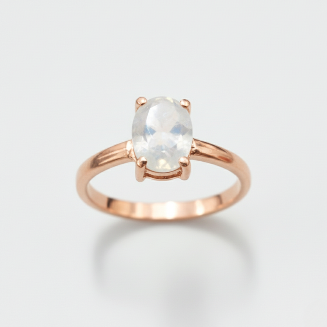 Stunning Rose Gold Moonstone Ring featuring a beautiful pink oval, a perfect accessory for daily wear and special celebrations.