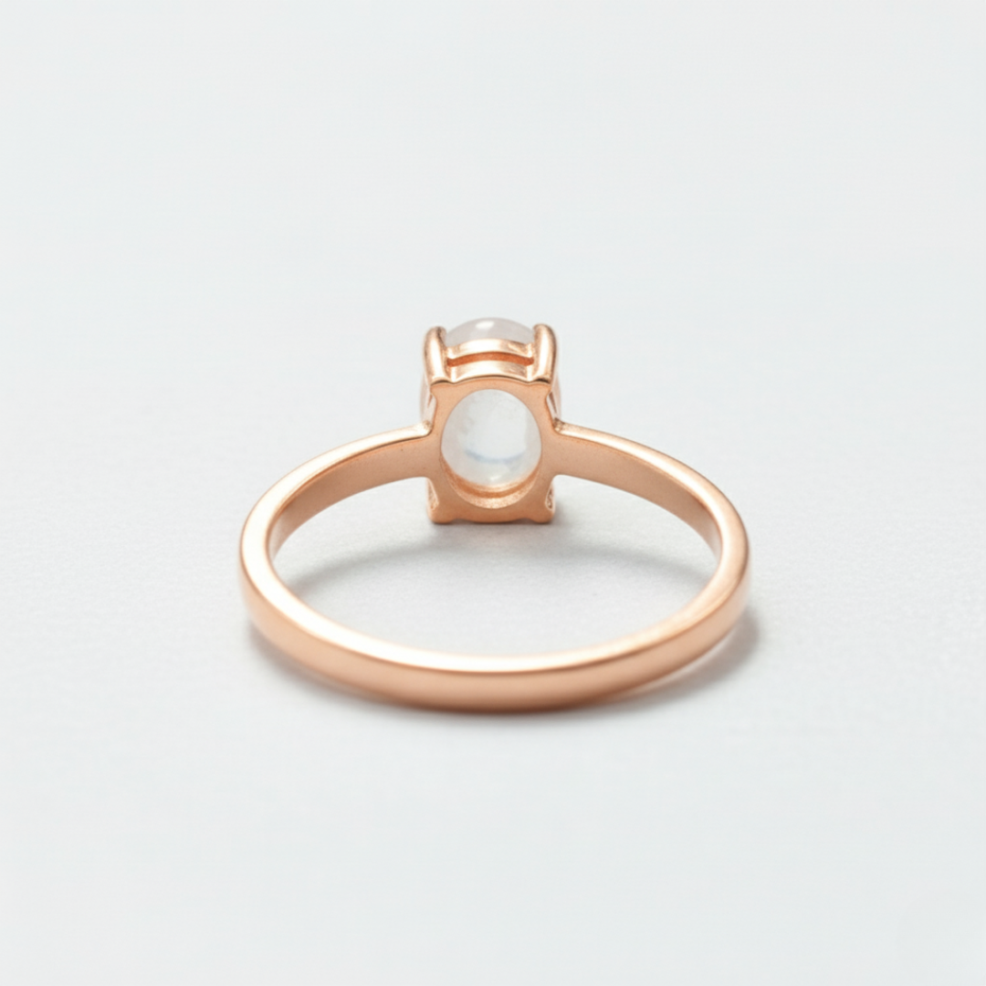 Beautiful Rose Gold Vermeil Ring with an exquisite pink oval Rainbow Moonstone, ideal for everyday elegance and gifting.