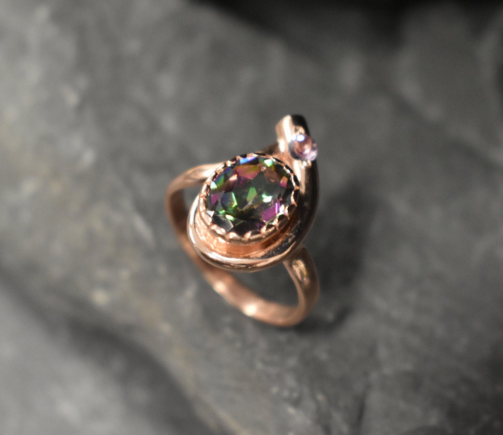 Rose Gold Ring, Mystic Topaz Ring, Natural Mystic Topaz, Asymmetric Ring, Gold Plated Ring, Teardrop Ring, Purple Boho Ring, Vermeil Ring