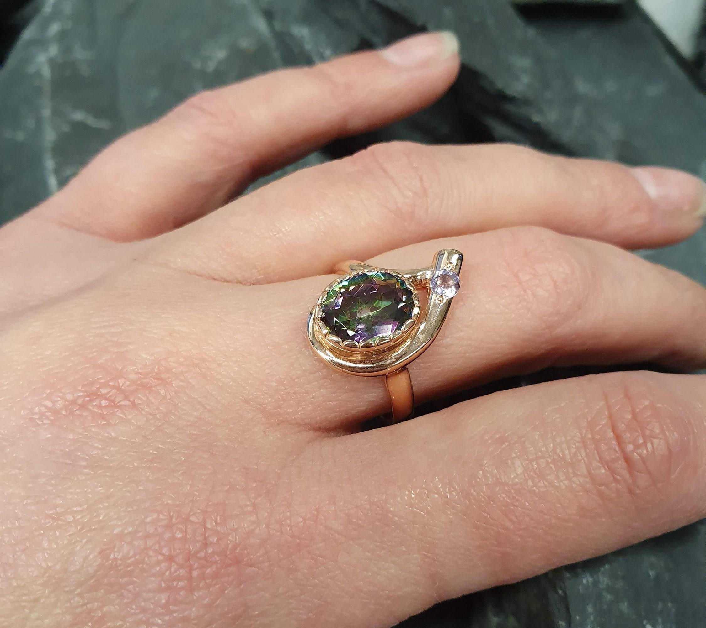 Rose Gold Ring, Mystic Topaz Ring, Natural Mystic Topaz, Asymmetric Ring, Gold Plated Ring, Teardrop Ring, Purple Boho Ring, Vermeil Ring