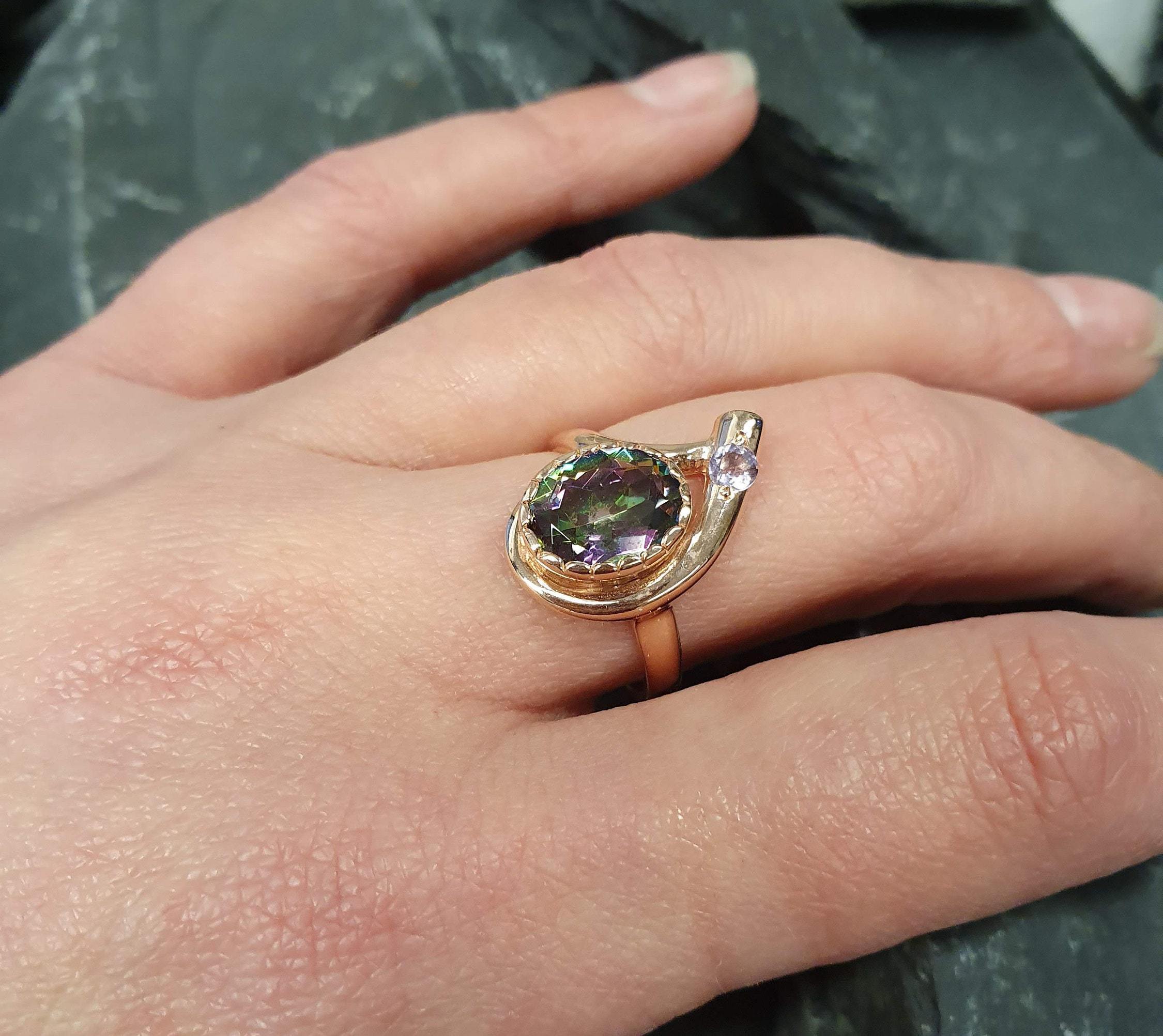 Rose Gold Ring, Mystic Topaz Ring, Natural Mystic Topaz, Asymmetric Ring, Gold Plated Ring, Teardrop Ring, Purple Boho Ring, Vermeil Ring