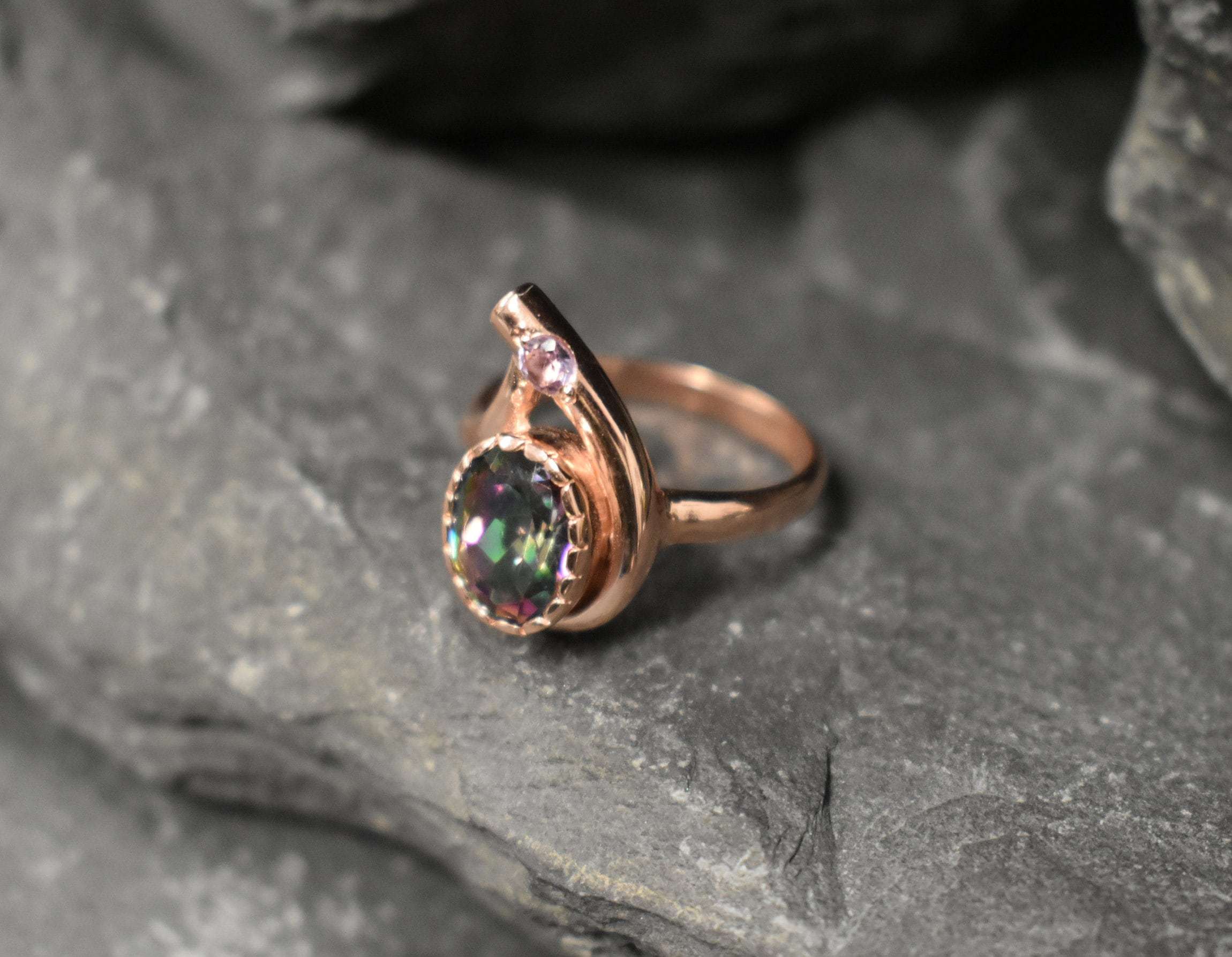 Rose Gold Ring, Mystic Topaz Ring, Natural Mystic Topaz, Asymmetric Ring, Gold Plated Ring, Teardrop Ring, Purple Boho Ring, Vermeil Ring