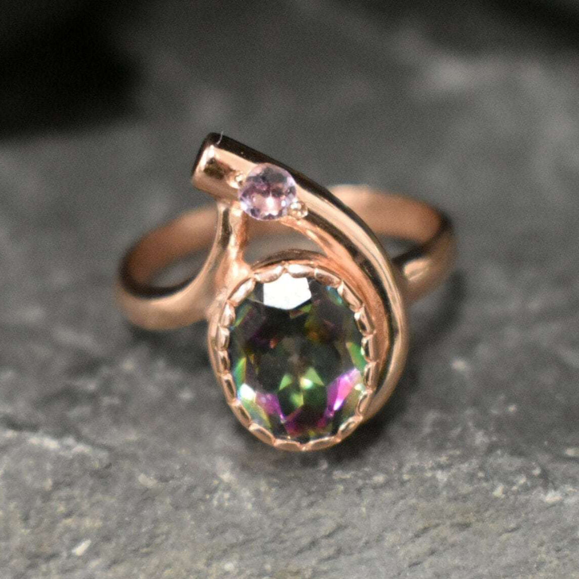 Rose Gold Ring, Mystic Topaz Ring, Natural Mystic Topaz, Asymmetric Ring, Gold Plated Ring, Teardrop Ring, Purple Boho Ring, Vermeil Ring