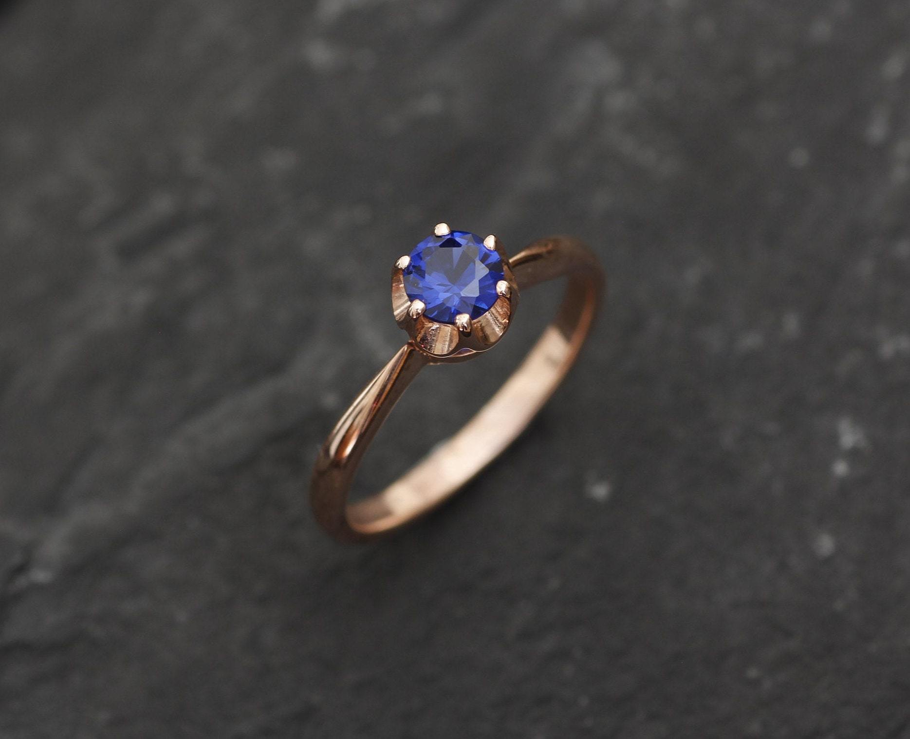 Rose Gold Vermeil Sapphire Ring with Round Created Blue Sapphire in Solitaire, perfect for September birthdays and special occasions.