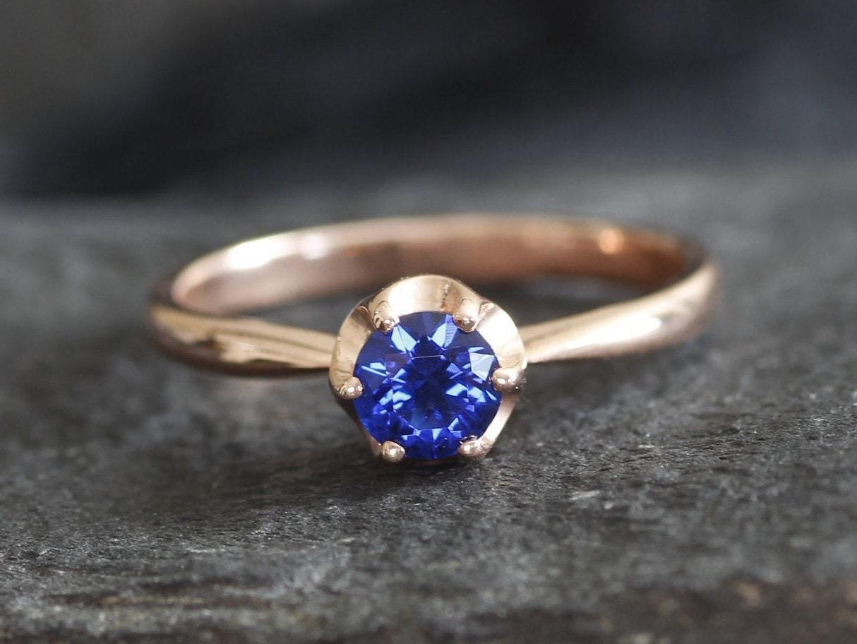 Created Sapphire Ring made in Rose Gold Vermeil with Round Created Blue Sapphire in Solitaire setting, September Birthstone gift idea, symbolizes sincerity, truth, and faithfulness, ideal for everyday wear and perfect for birthday gifting and special occasions.