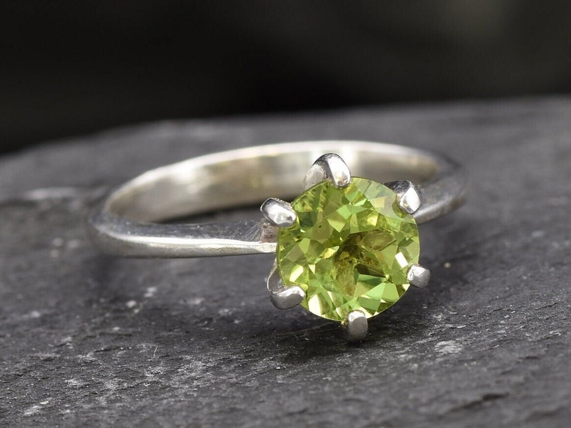 Peridot Ring, Natural Peridot, Green Diamond Ring, August Birthstone, Promise Ring, Solitaire Ring, Round Engagement Ring, Solid Silver Ring