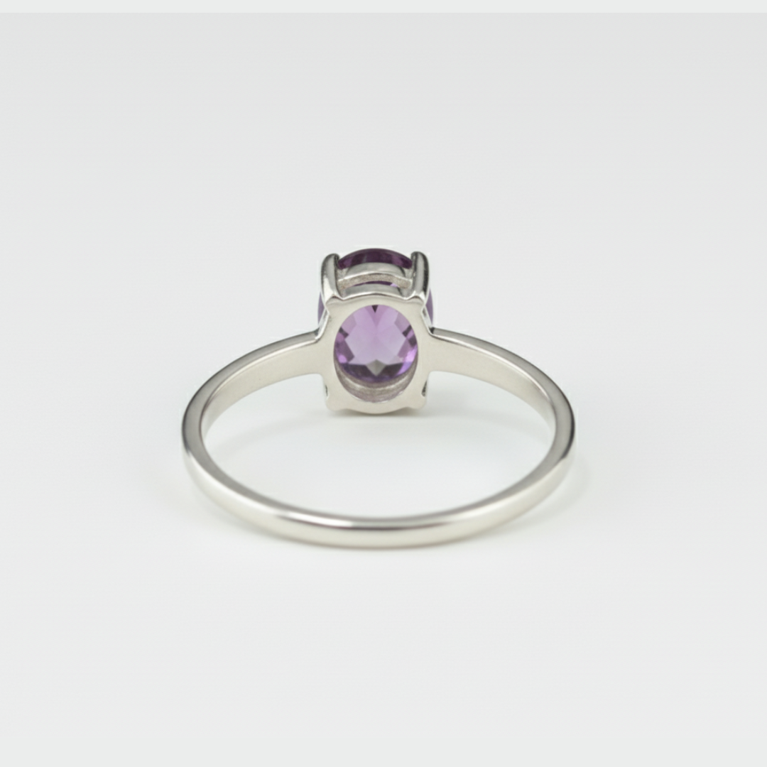 Amethyst Oval Ring - Classic 925 Sterling Silver Solitaire, ideal for daily wear and as a thoughtful gift for loved ones.