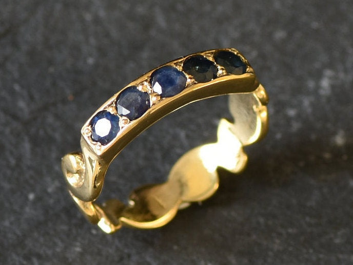 18k Gold Vermeil Ring featuring Round Natural Blue Sapphire, Channel-Set, perfect for birthdays and special occasions.