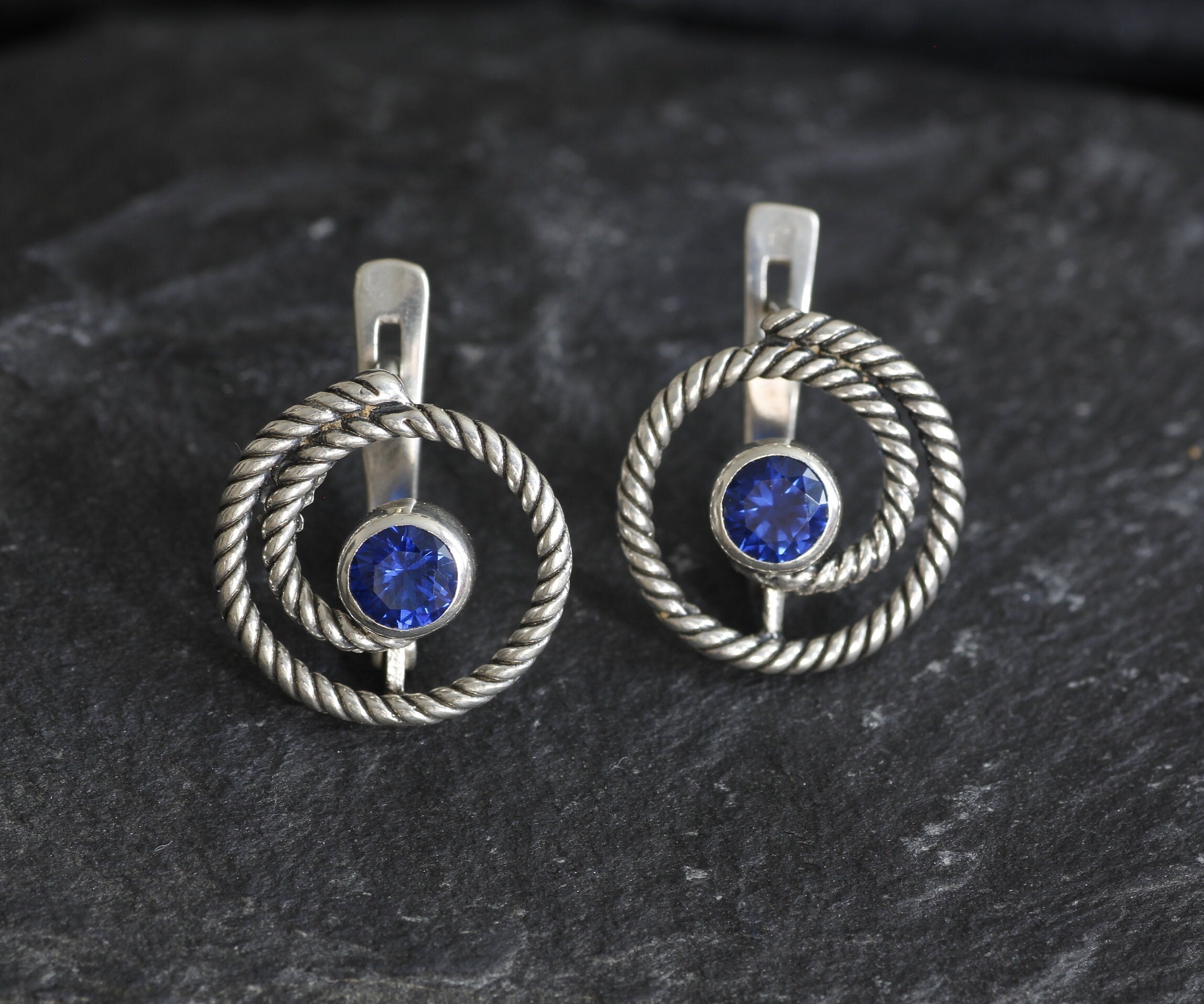 Created Sapphire Earrings made in 925 Sterling Silver with Round Created Blue Sapphire in Bezel setting, September Birthstone gift idea, symbolizes sincerity, truth, and faithfulness, ideal for everyday wear and perfect for birthday gifting and special occasions.