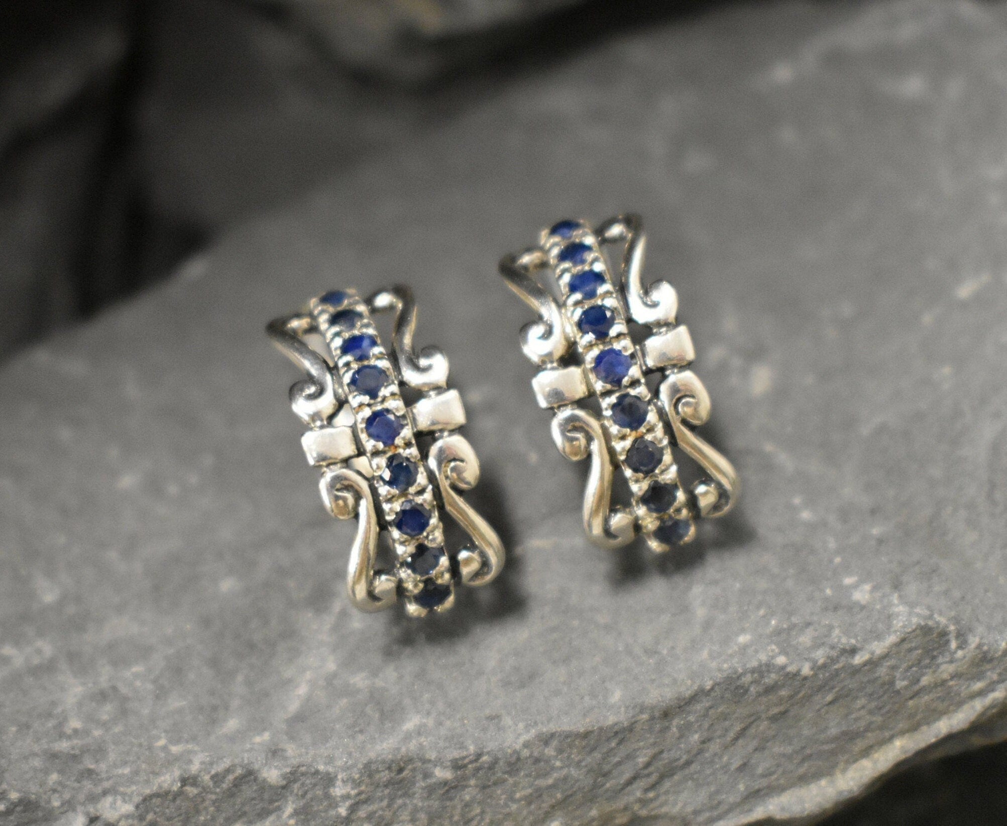 Long Blue Earrings - Natural Sapphire Earrings, Blue Tiara Half Hoops made in 925 Sterling Silver. Ideal for everyday wear and perfect for birthday gifting and special occasions.