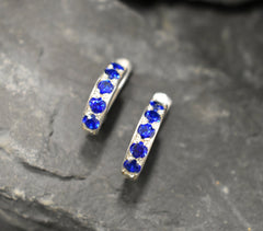 Created Sapphire Earrings made in 925 Sterling Silver with Round Created Blue Sapphire in Channel-Set setting, September Birthstone gift idea, symbolizes sincerity, truth, and faithfulness, ideal for everyday wear and perfect for birthday gifting and special occasions.