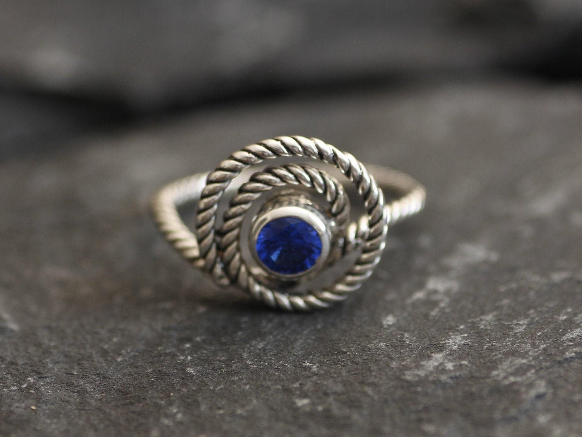 Sapphire Ring in 925 Sterling Silver, featuring Round Blue Sapphire in Bezel setting, perfect for September birthdays.