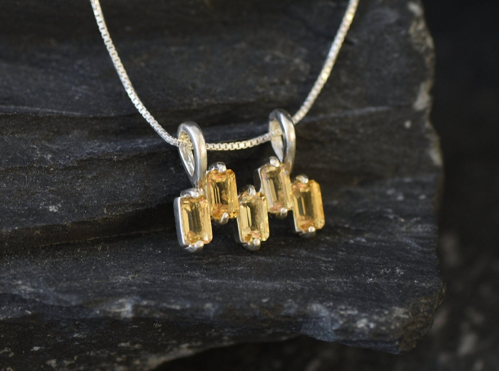 Citrine Necklace, Natural Citrine, Baguette Pendant, November Birthstone, Yellow Citrine Pendant, Horizontal Pendant, Solid Silver Pendant
