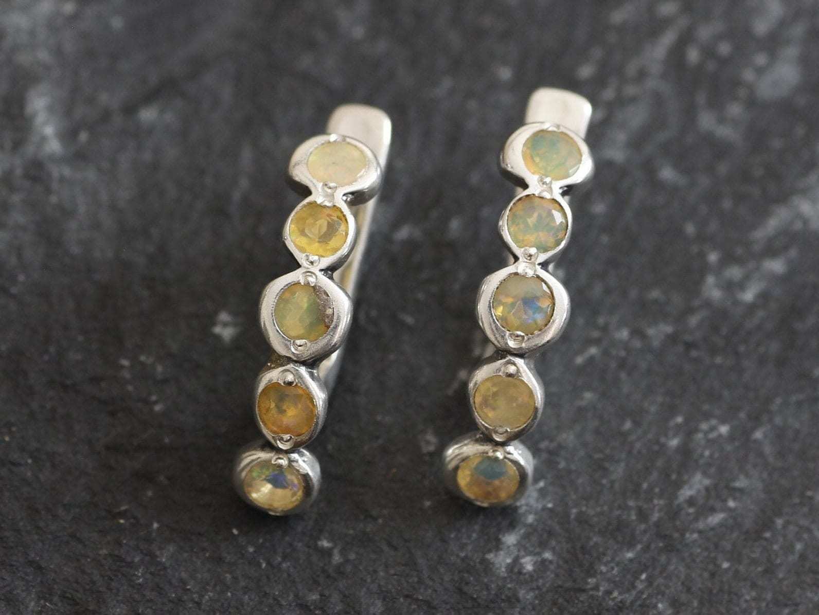 Fire Opal Earrings, Natural Fire Opal, Half Hoops, Boho Earrings, October Birthstone, Long Bezel Earrings, Bubble Earrings, Silver Earrings