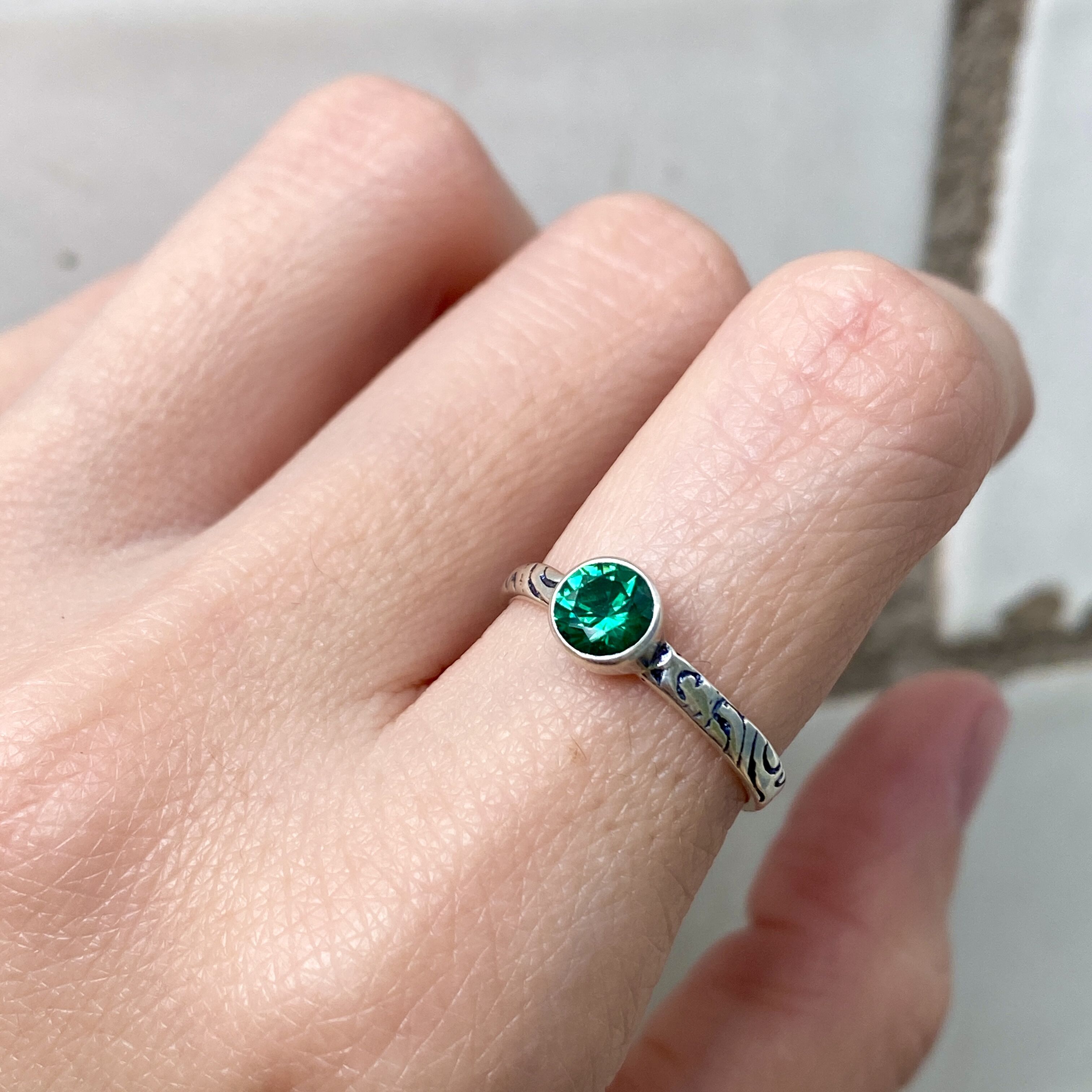 Elegant 925 Sterling Silver ring featuring a round Created Green Emerald, perfect for May birthdays and everyday wear.