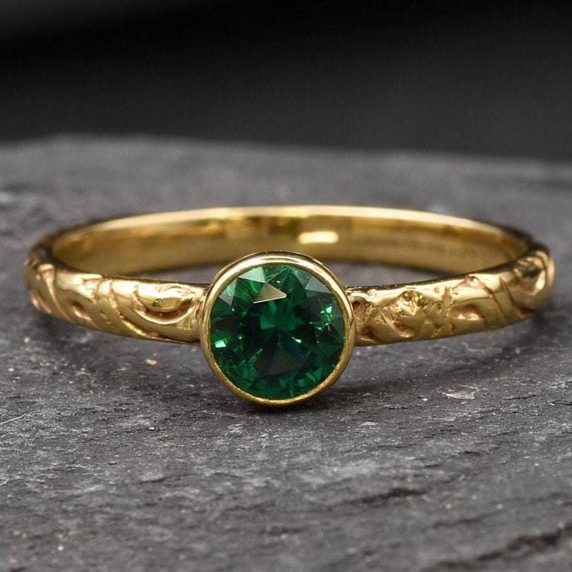 Beautifully crafted 18k Gold Vermeil Emerald Ring with a Round Created Green Emerald, perfect for everyday elegance and gifting.