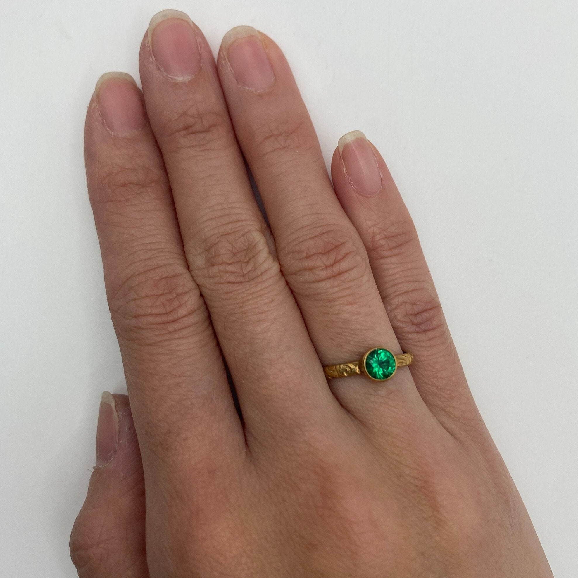 Delicate 18k Gold Vermeil Ring boasting a Round Created Green Emerald, an exquisite choice for birthdays and special moments.