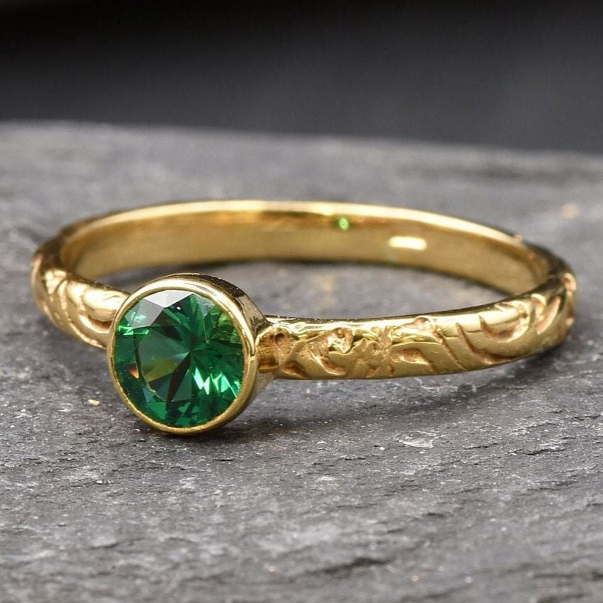 Lovely 18k Gold Vermeil Ring featuring a Round Created Green Emerald, a timeless May birthstone piece for any occasion.