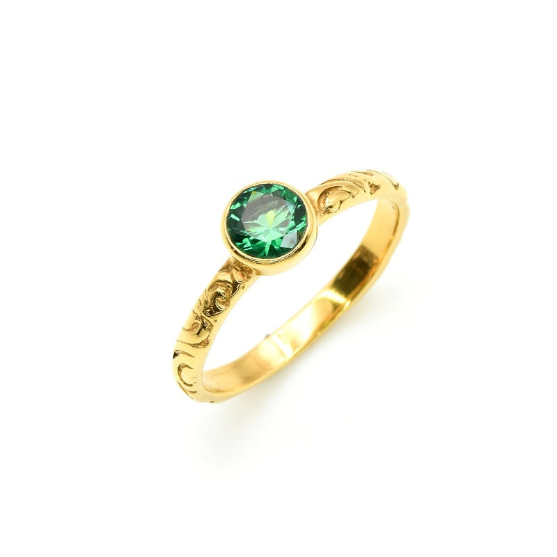 Created Emerald Ring made in 18k Gold Vermeil with Round Created Green Emerald in Bezel setting, May Birthstone gift idea, symbolizes, ideal for everyday wear and perfect for birthday gifting and special occasions.