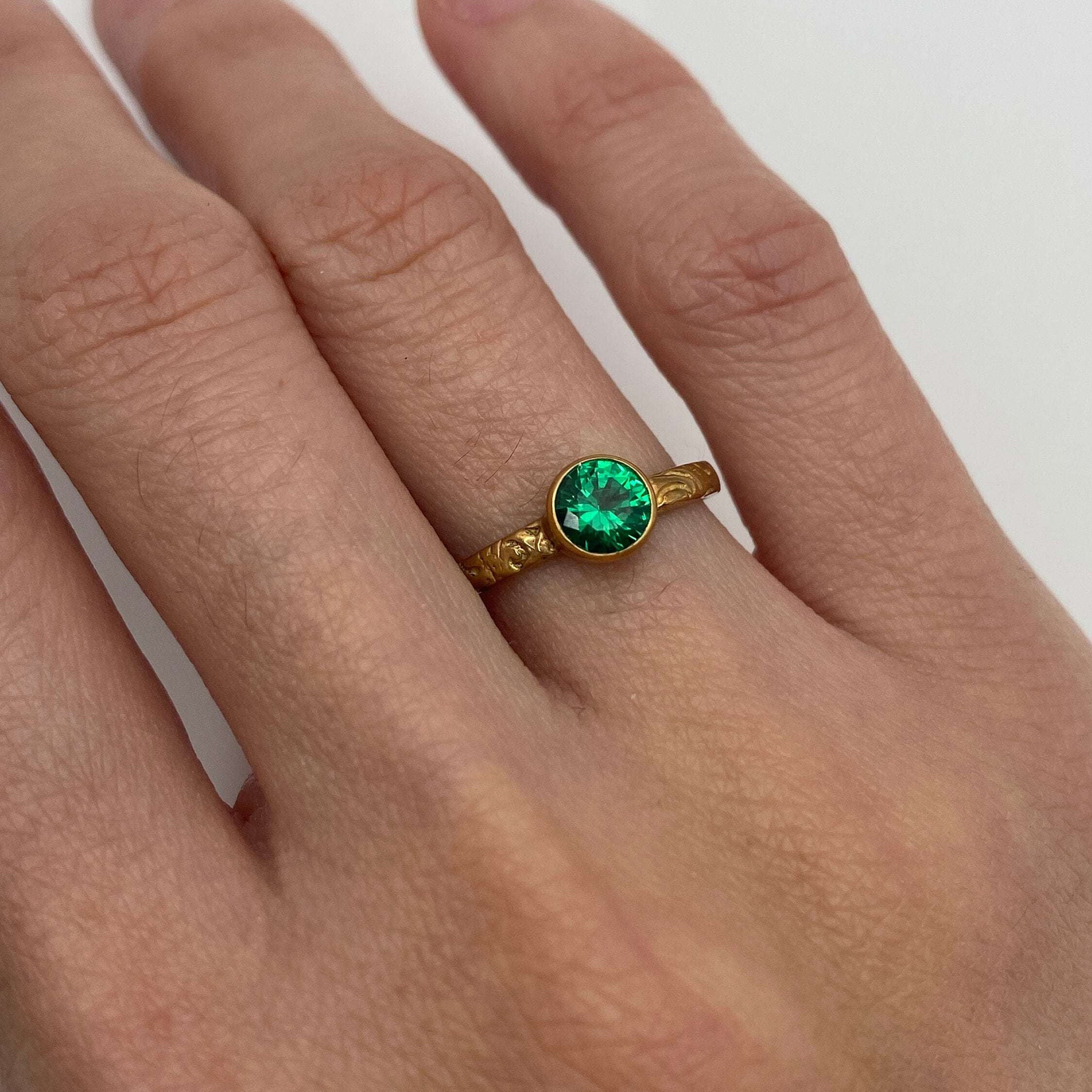Elegant 18k Gold Vermeil Emerald Ring with Round Created Green Emerald, perfect for May birthdays and special occasions.
