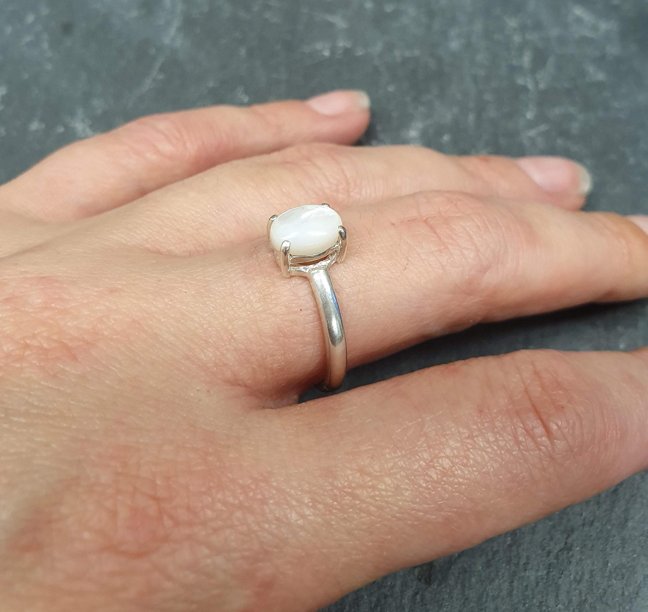 White Solitaire Ring, Mother of Pearl Ring, Shell of Pearl Ring, Dainty  Ring, Solitaire Ring, June Ring, Promise Ring, Solid Silver Ring