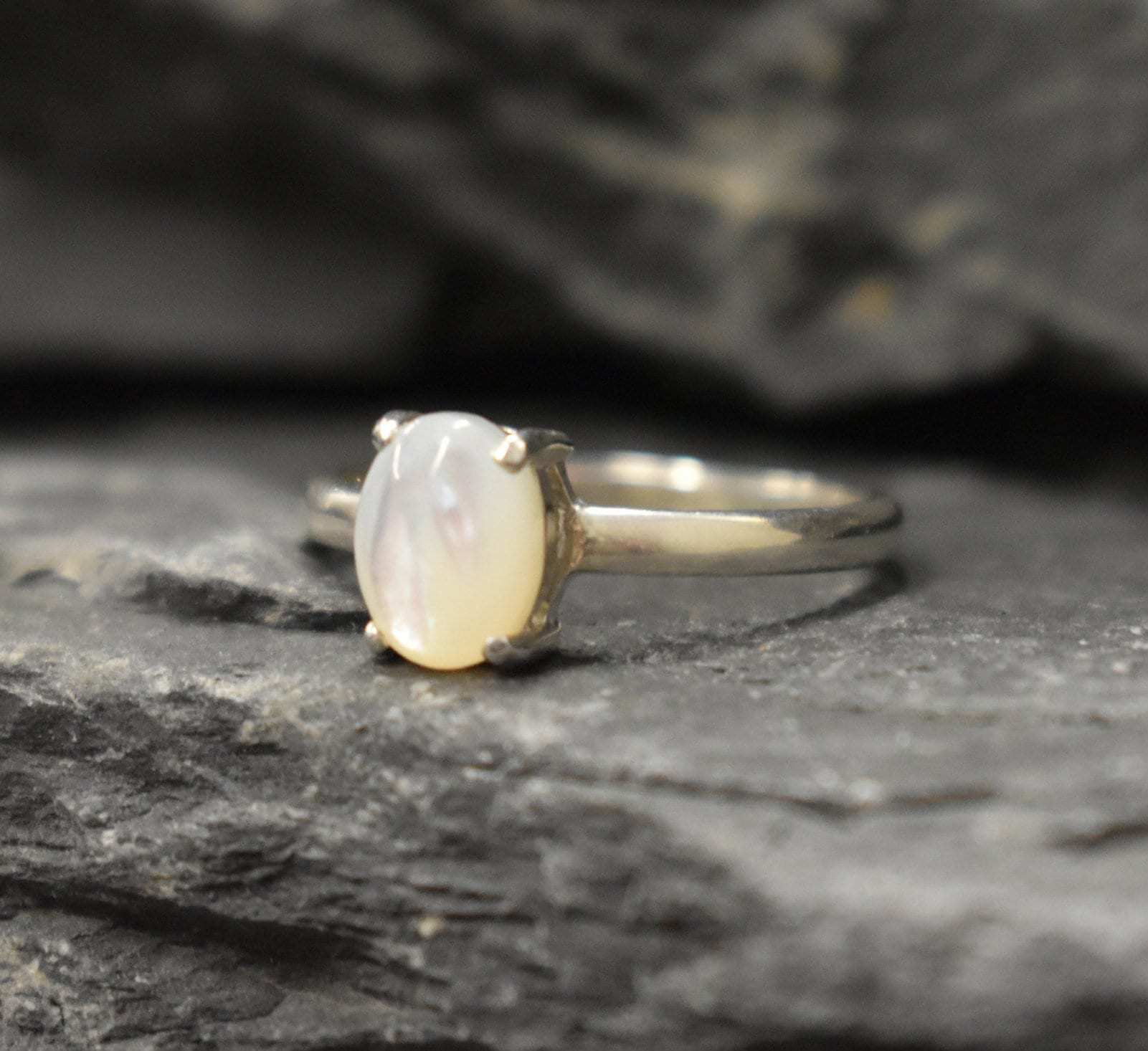 White Solitaire Ring, Mother of Pearl Ring, Shell of Pearl Ring, Dainty  Ring, Solitaire Ring, June Ring, Promise Ring, Solid Silver Ring