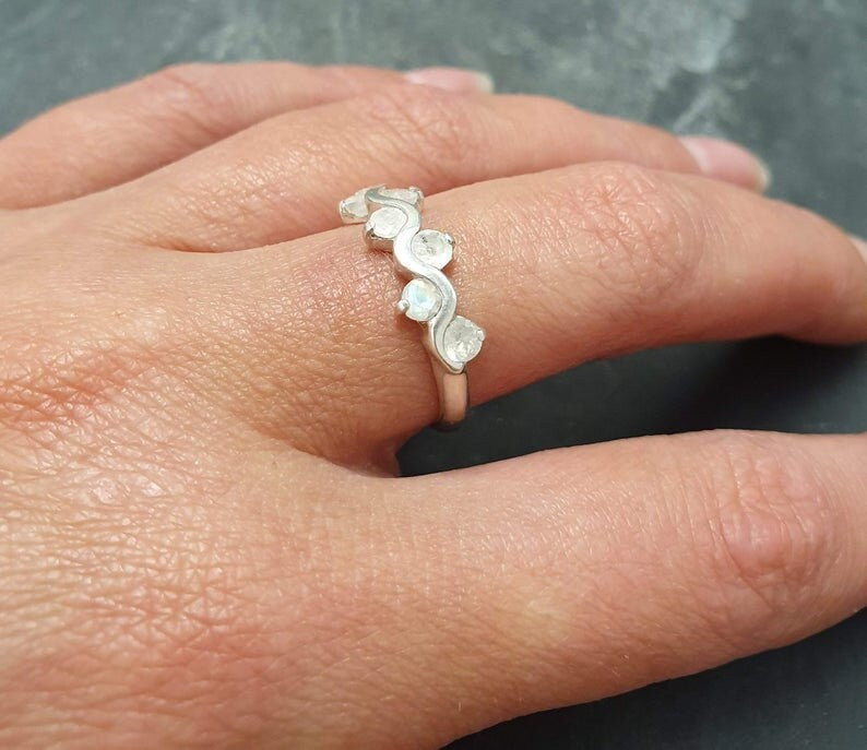 Moonstone Ring, Rainbow Moonstone, Vintage Band, June Birthstone, Half Eternity Band, White Dainty Ring, Romantic Ring, Solid Silver Ring