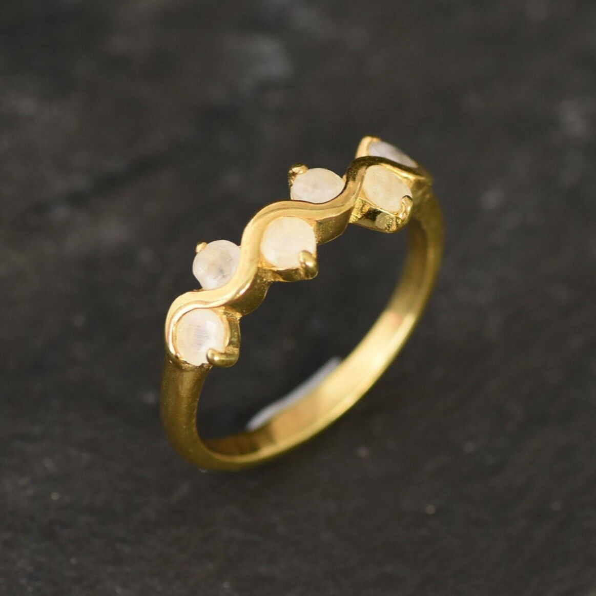 Moonstone Ring, Rainbow Moonstone, Vintage Band, June Birthstone, Half Eternity Band, White Dainty Ring, Romantic Ring, Solid Silver Ring(1)