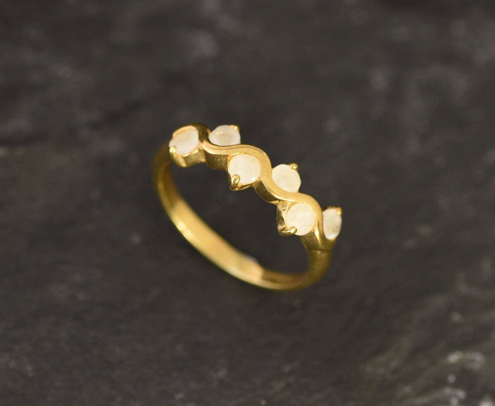 Moonstone Ring, Rainbow Moonstone, Vintage Band, June Birthstone, Half Eternity Band, White Dainty Ring, Romantic Ring, Solid Silver Ring(1)