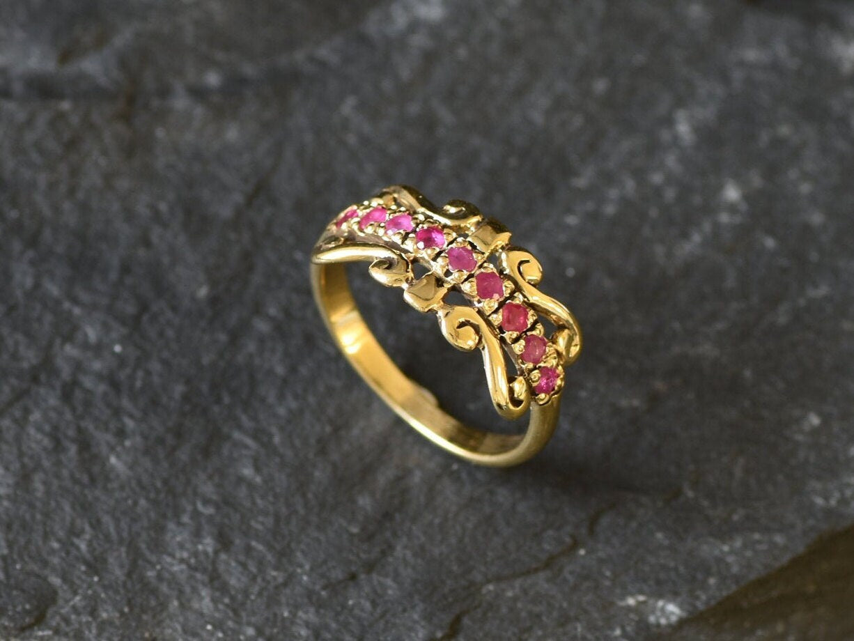 Elegant 18k Gold Vermeil Ruby Ring with Pavé setting, showcasing a stunning Round Natural Red Ruby, perfect for birthdays and special moments.