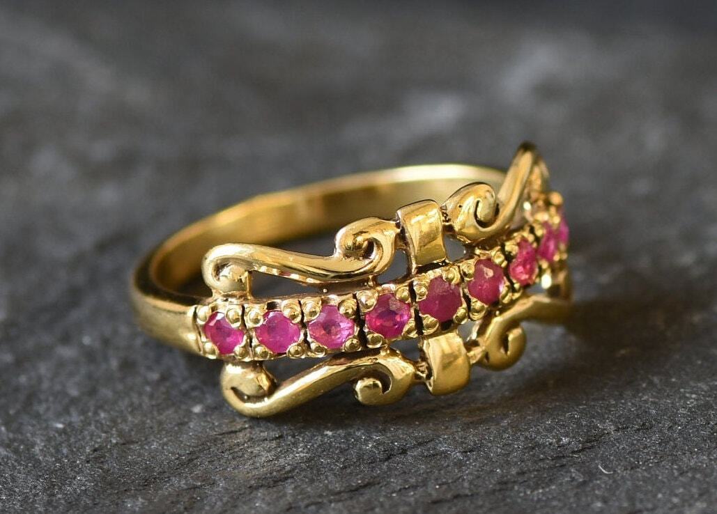 Natural Ruby Ring made in 18k Gold Vermeil with Round Natural Red Ruby in Pavé setting, July Birthstone gift idea, symbolizes nobility, purity, and passion, ideal for everyday wear and perfect for birthday gifting and special occasions.