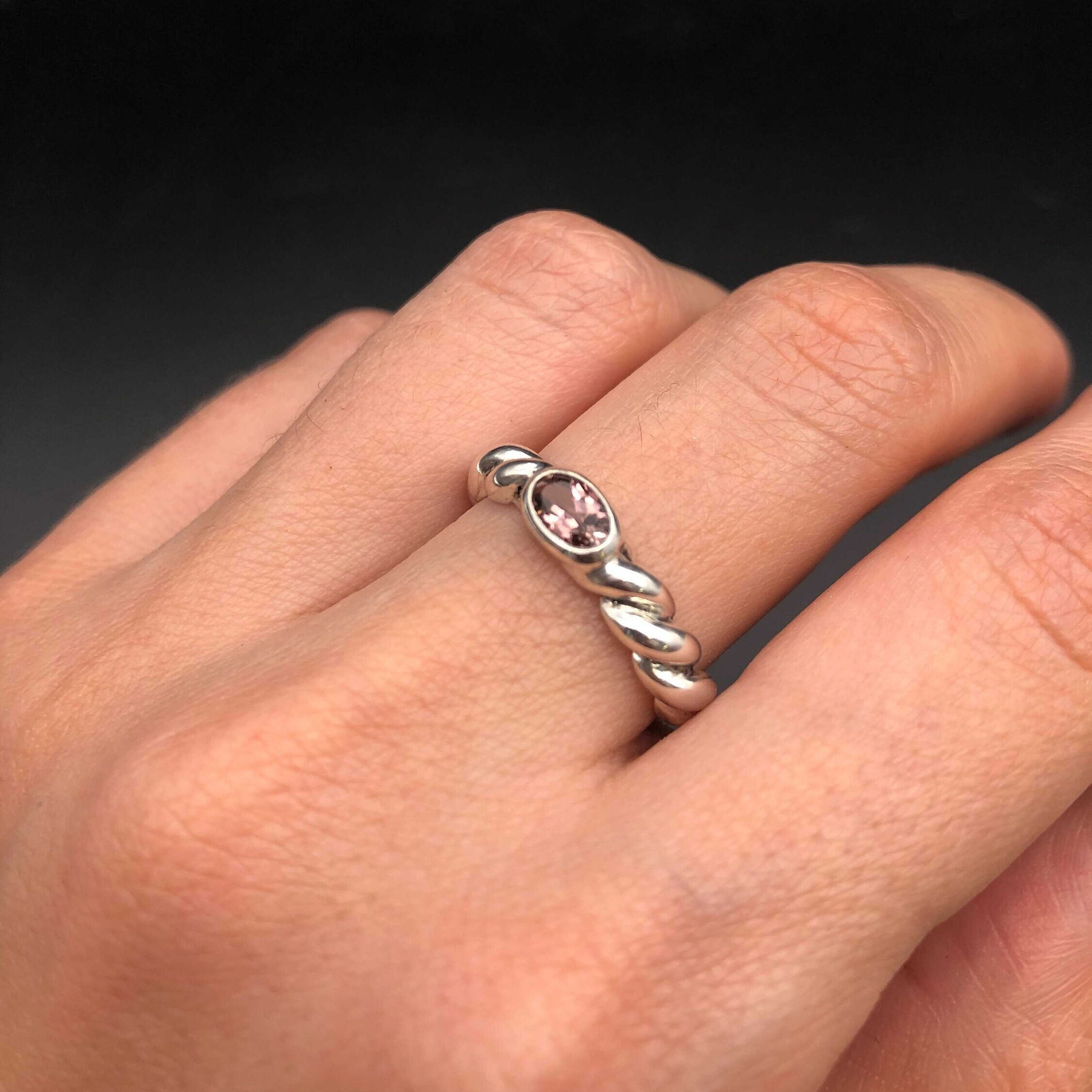 Pink Tourmaline Ring, Croissant Ring, Natural Pink Tourmaline, October Birthstone, October Ring, Twisted Ring,Pink Stone Ring,Stackable Ring