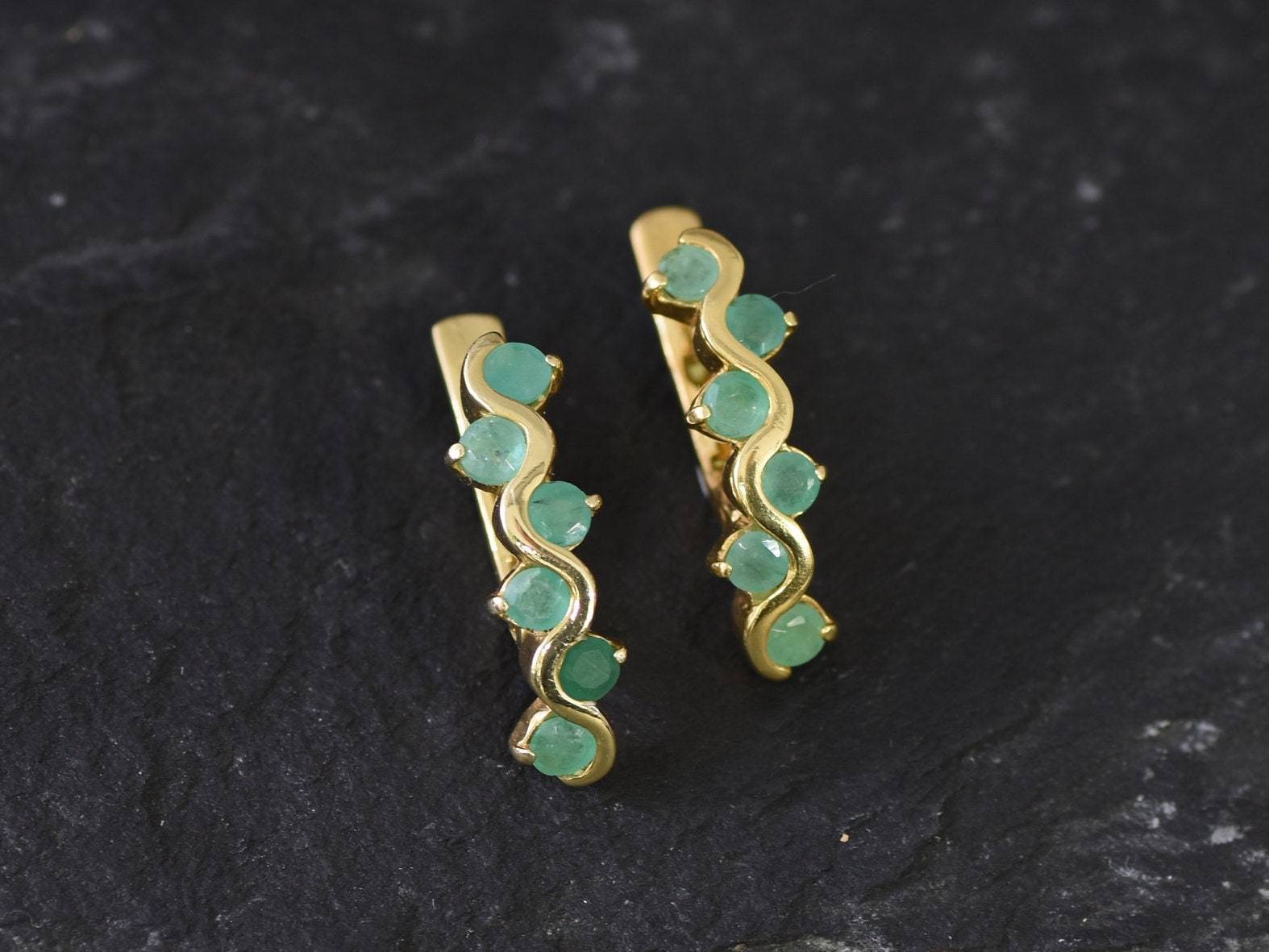 Natural Emerald Earrings made in 18k Gold Vermeil with Round Natural Green Emerald in Channel-Set setting, May Birthstone gift idea, symbolizes growth, harmony, and deep emotional healing, ideal for everyday wear and perfect for birthday gifting and special occasions.