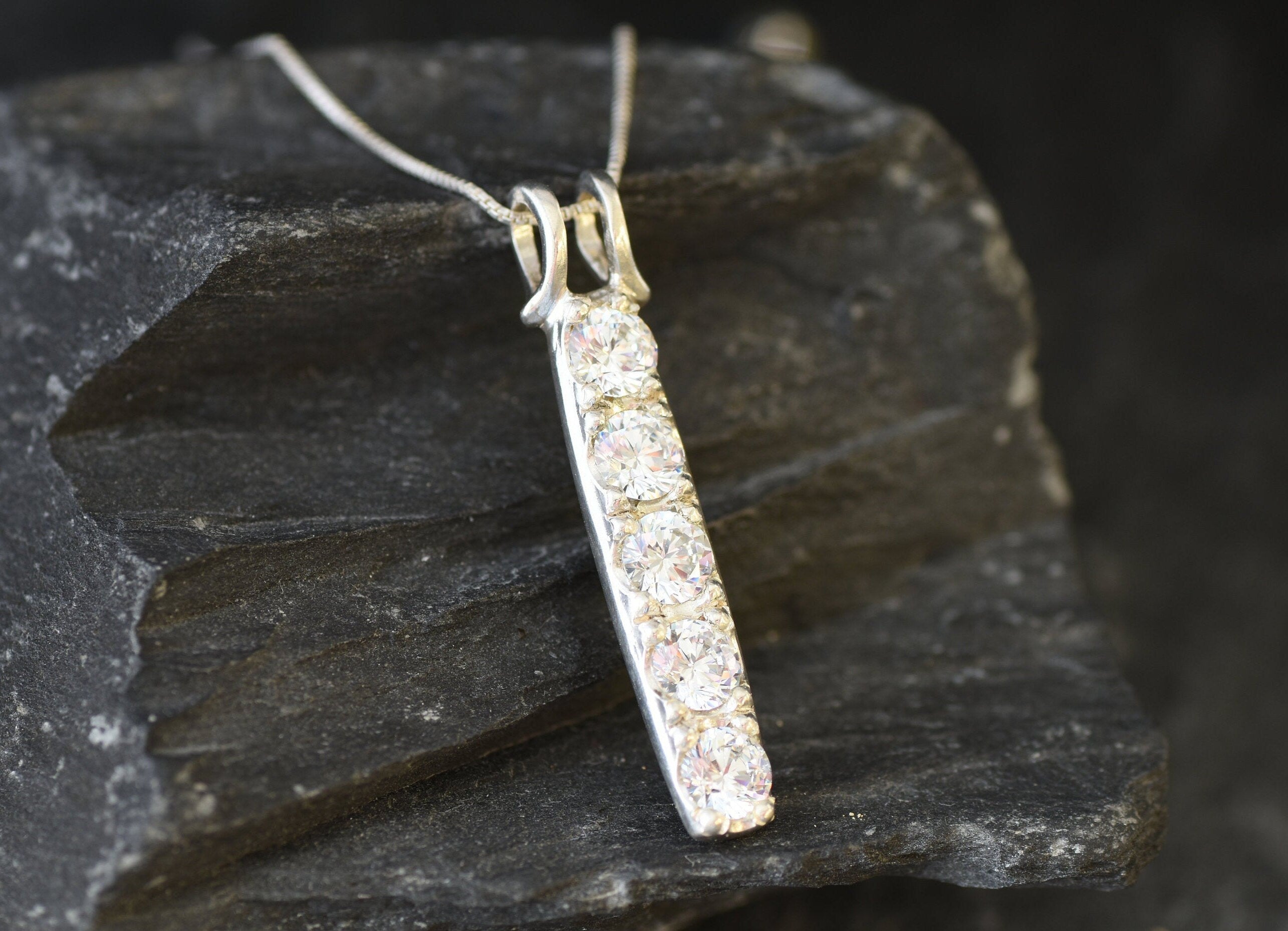 Long Diamond Pendant, Created CZ Diamond, Diamond Drop Necklace, Vertical Pendant, Layering Necklace, Minimalist Necklace, Solid Silver