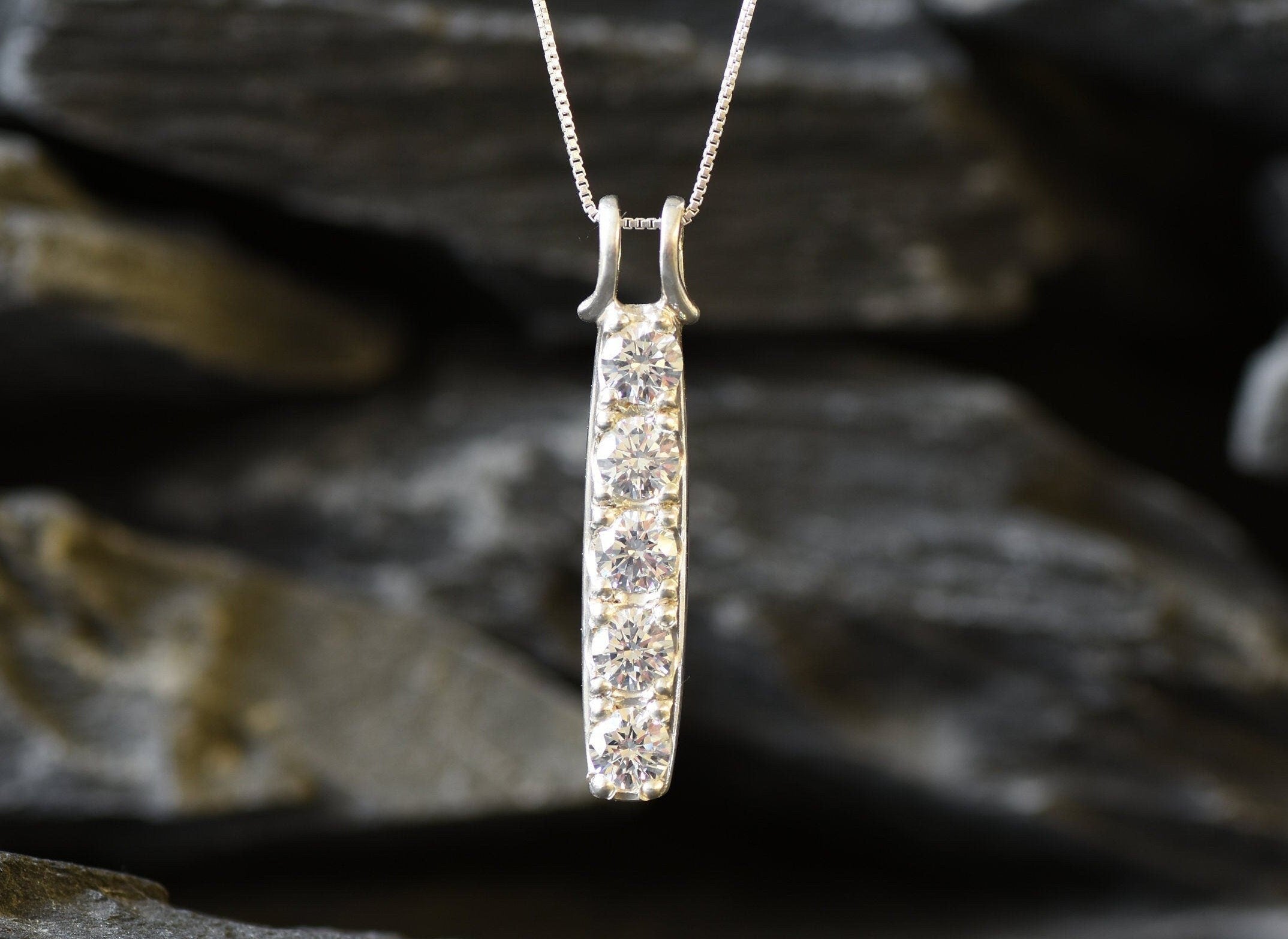 Long Diamond Pendant, Created CZ Diamond, Diamond Drop Necklace, Vertical Pendant, Layering Necklace, Minimalist Necklace, Solid Silver